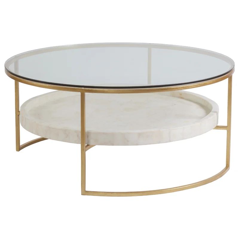 Cumulus Gold Foil 41" Round Glass Cocktail Table with Crystal Shelf
