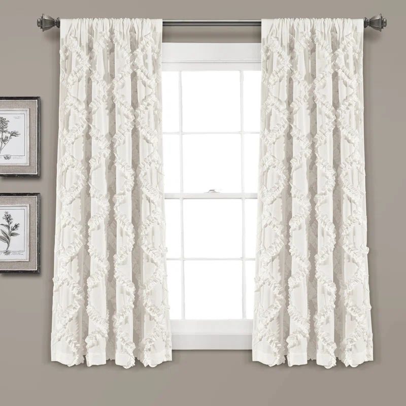 White Ruffle Diamond Light-Filtering Polyester Curtain Panels, 63"