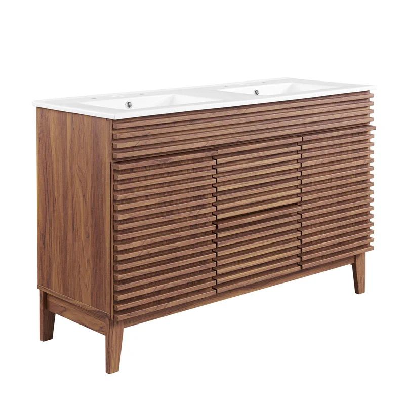 Render 48'' Walnut White Mid-Century Modern Double Sink Vanity