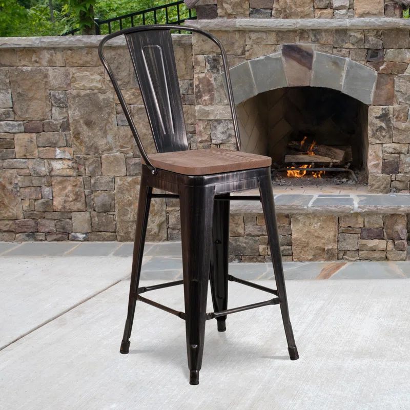 Rustic Bistro-Style 24" Counter Height Stool with Wood Seat in Black-Antique Gold