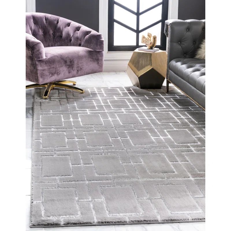 Elegant Geometric Gray & Silver Synthetic Area Rug - 5' x 8'