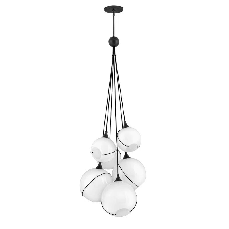 Skye Mid-Century Modern Asymmetrical 6-Light Black Chandelier with Opal Glass Globes