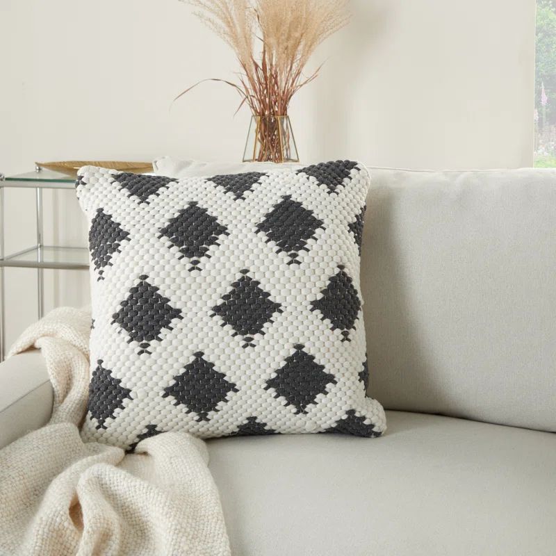 Charcoal and Ivory Cotton Geometric 20" Square Throw Pillow
