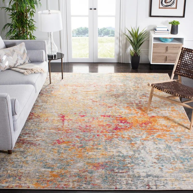 Grey and Turquoise Abstract Stain-Resistant Area Rug
