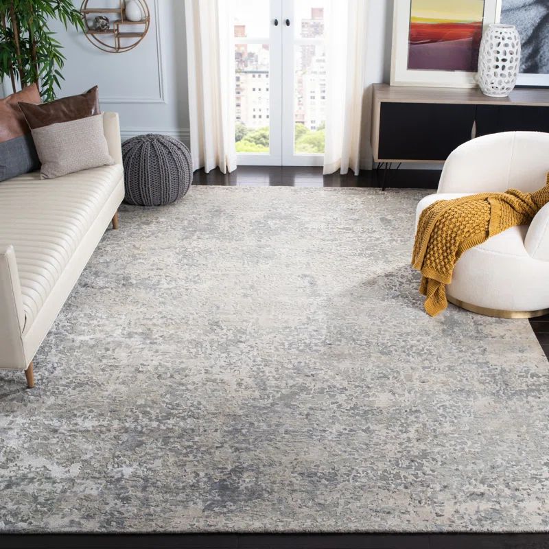 Gray Abstract Hand-Knotted Wool and Viscose Rug, 6' x 9'