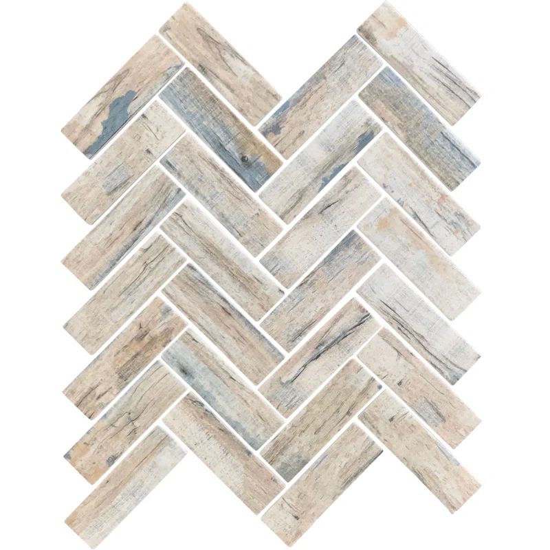 Beige and Blue Recycled Glass Herringbone Mosaic Tile