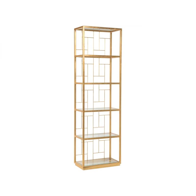 Transitional Gold Leaf Slim Etagere with Tempered Glass Shelves