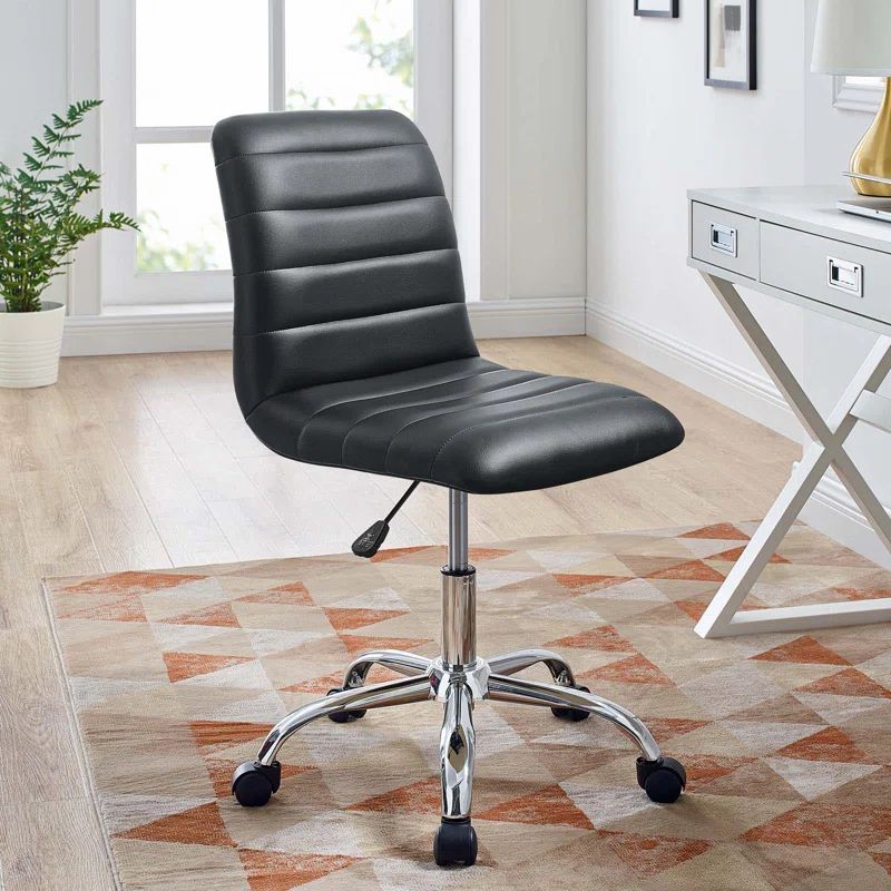 Polished Chrome Swivel Armless Office Chair in Black Vinyl