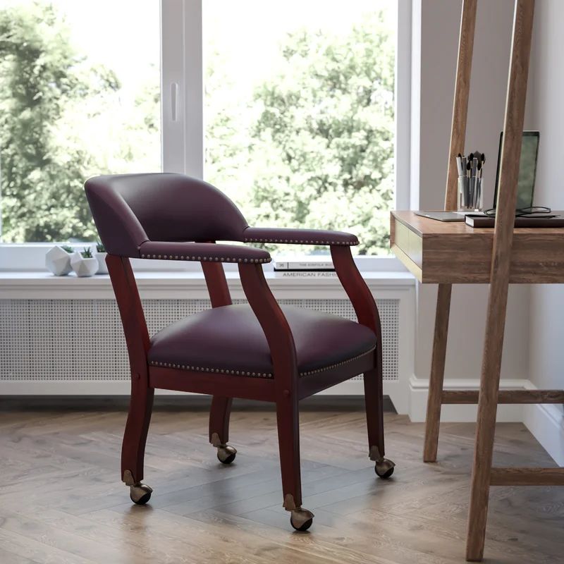 Elegant Burgundy LeatherSoft Traditional Office Armchair with Brass Accents