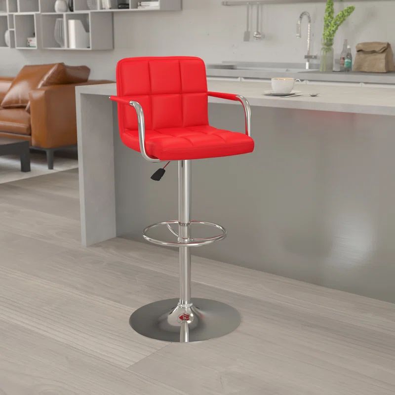 Red Adjustable Height Swivel Leather Bar Stool with Metal Base