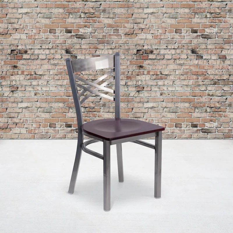 Black and Silver Metal Cross Back Side Chair with Brown Wood Seat