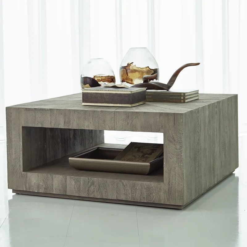 Grey Sandblasted Square Wood Coffee Table with Starburst Marquetry