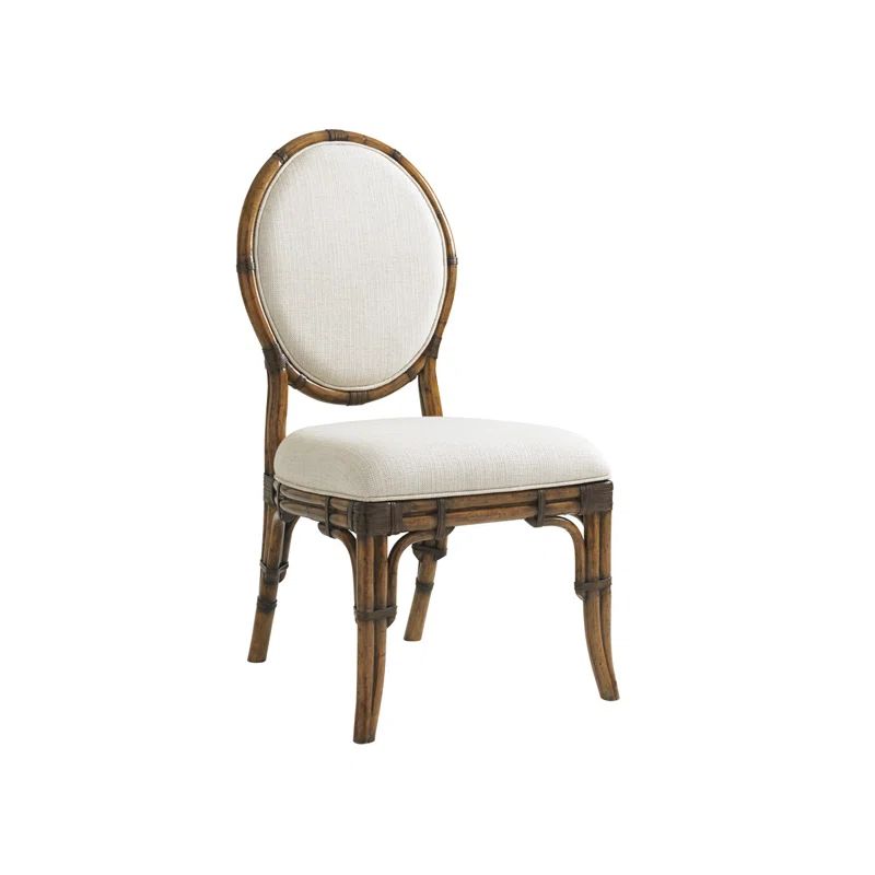 Cream Upholstered Leather and Rattan Side Chair