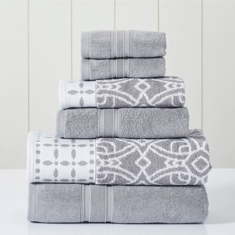 Stone Gray Cotton 6-Piece Towel Set with Medallion Design