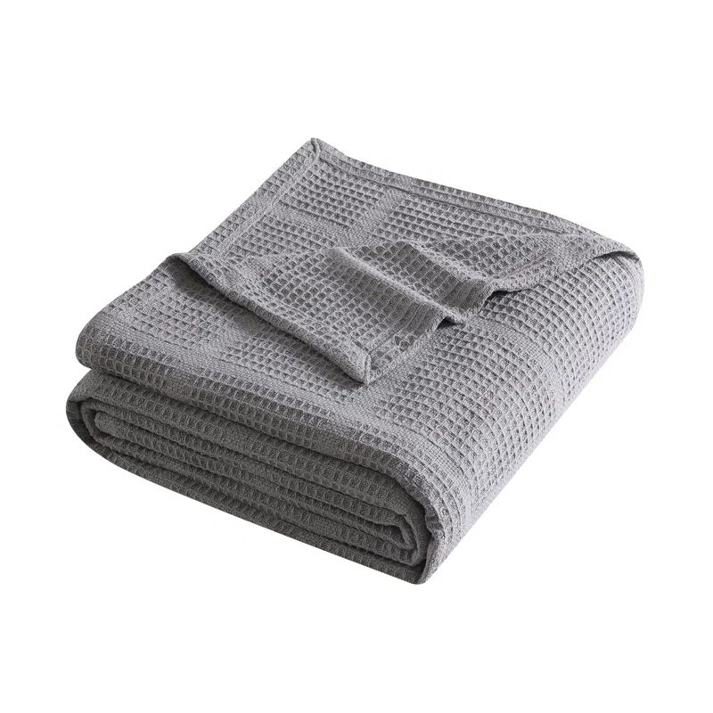 Cozy Waffle Weave Medium Gray Cotton Blanket - Full/Queen