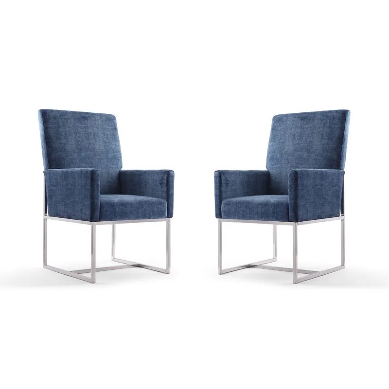 Luxurious Blue Velvet Upholstered High-Back Metal Armchair