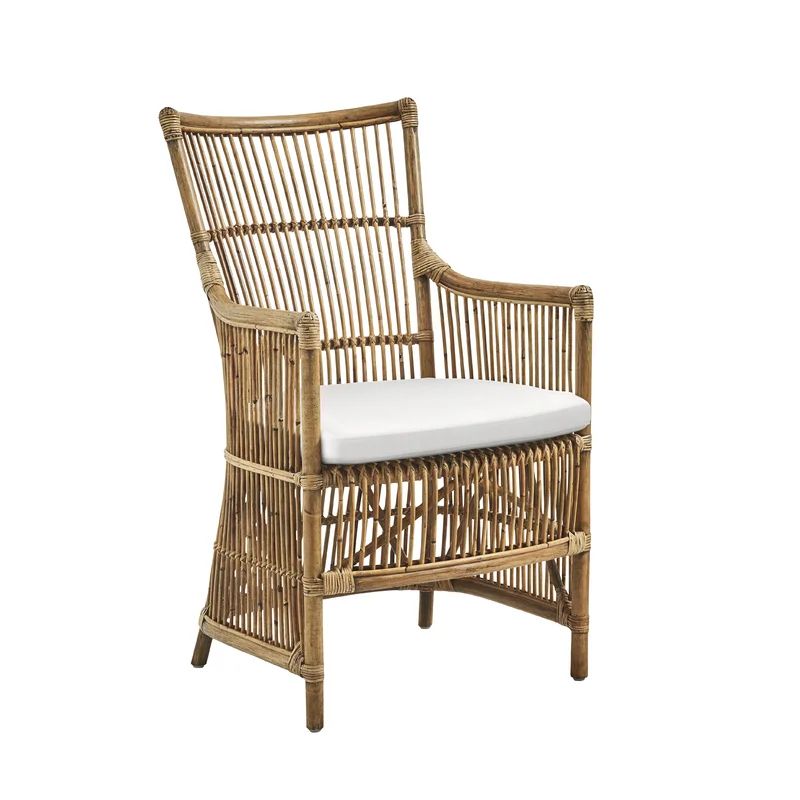 Antique White Canvas High-Back Rattan Armchair with Cushion