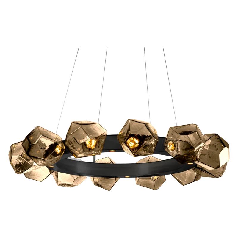 Gem Radial Matte Black LED Chandelier with Handblown Glass Shades