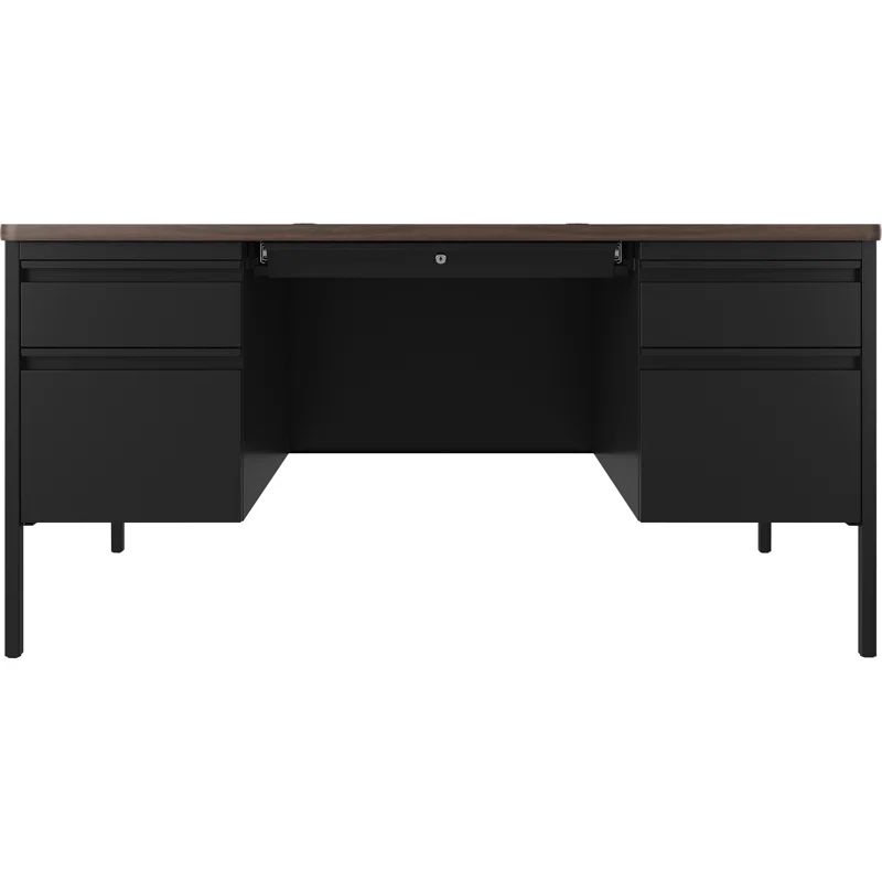Executive Black Steel Desk with Walnut Laminate Top and Drawers