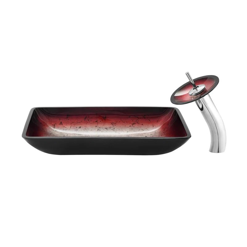 Ember Red Rectangular Glass Vessel Sink with Waterfall Faucet