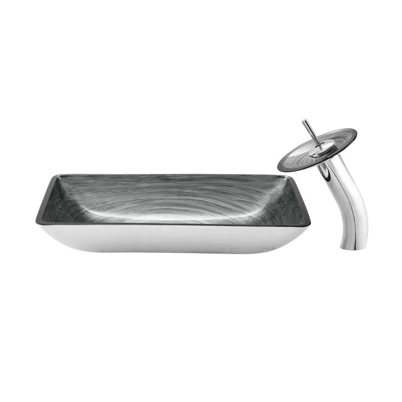 Smoky Gray Rectangular Glass Vessel Sink with Waterfall Faucet