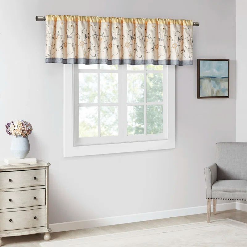 Yellow Floral Embroidered Rod Pocket Window Valance