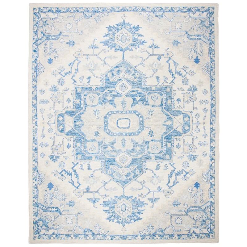 Traditional Ivory & Blue Hand-Knotted Wool Rug - 8' x 11'