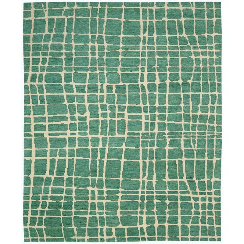 Turquoise Green Hand-Knotted Wool Abstract Area Rug 7'9" x 9'9"