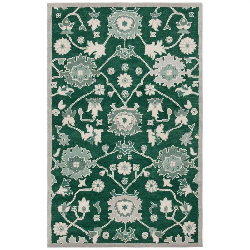 Hand-Knotted Dark Green Floral Wool 4' x 6' Rug
