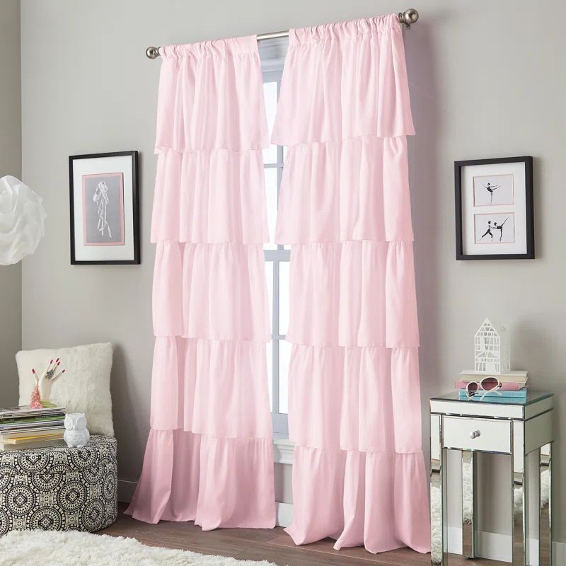Pink Ruffled Rod Pocket Light-Filtering Kids Curtain Panel