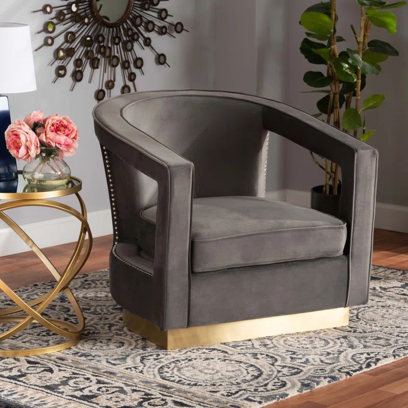 Elegant Grey Velvet Barrel Accent Chair with Gold Metal Base