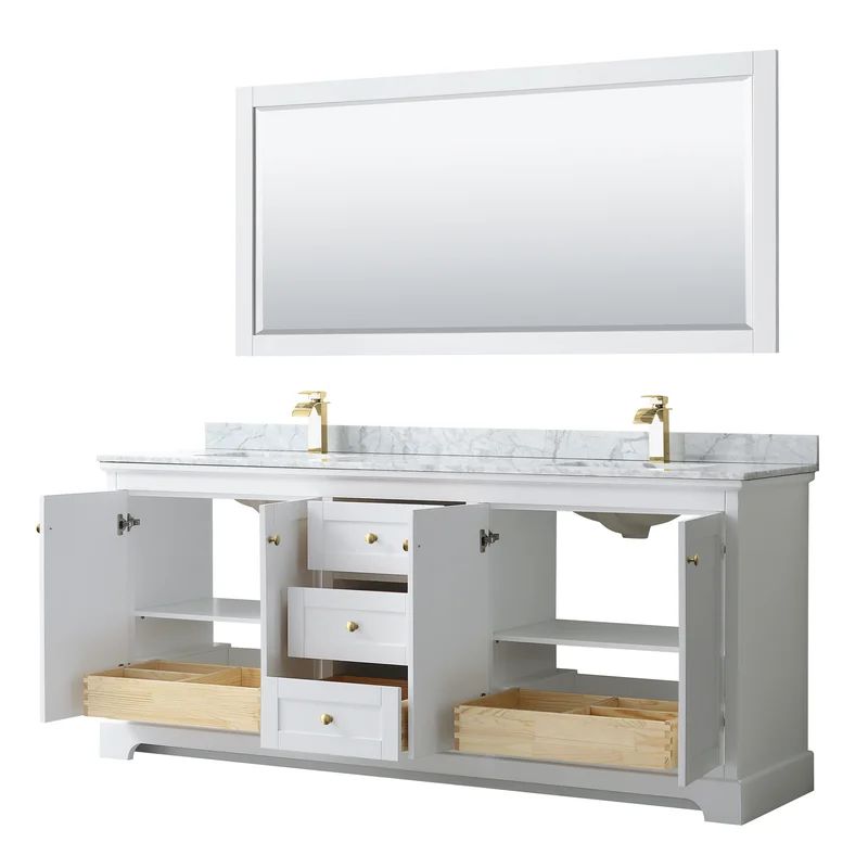 Avery 80'' White Double Bathroom Vanity with Carrara Marble Top & Brushed Gold Trim