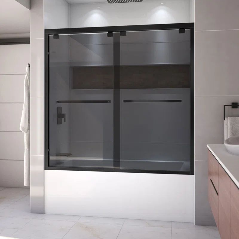 Encore Matte Black Semi-Frameless Sliding Tub Door with Smoke Gray Glass