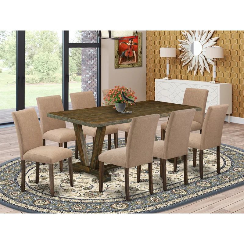 Distressed Jacobean 72" Modern Dining Set with 8 Light Sable Chairs