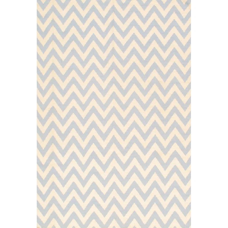 Ivory and Blue Chevron Flatweave Wool Rug, 6' x 9'