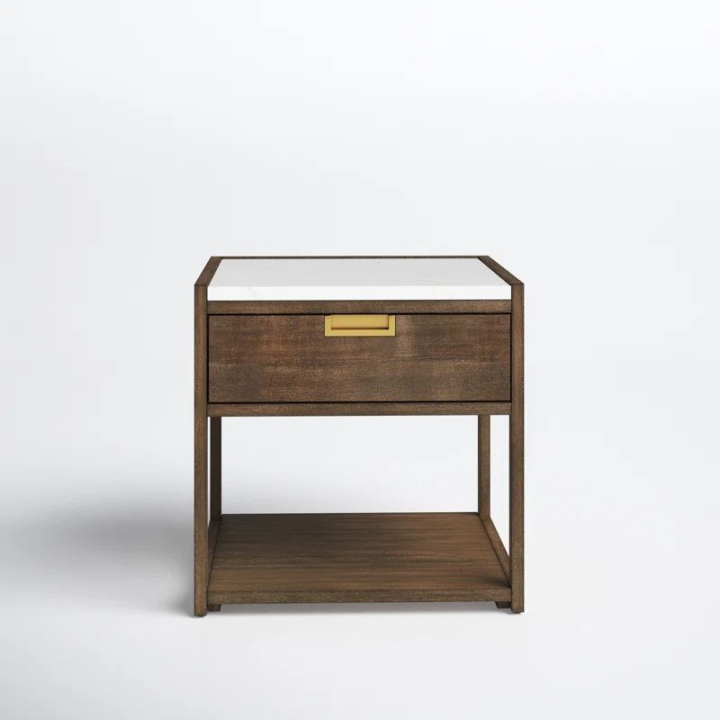 Transitional Dark Chocolate 1-Drawer Nightstand with White Marble Top