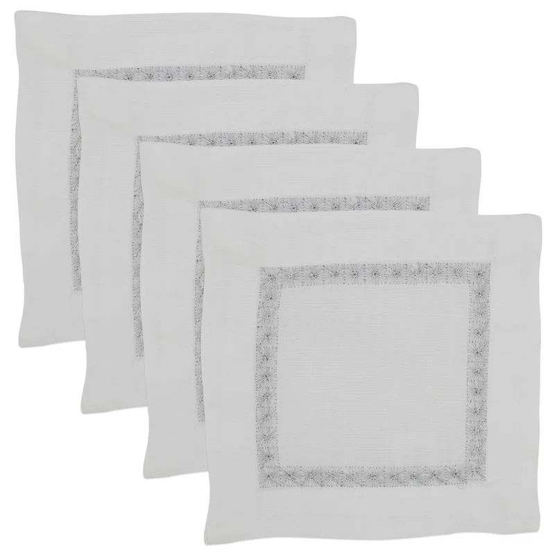 Silver Embroidered Polyester Square Cocktail Napkins, Set of 4