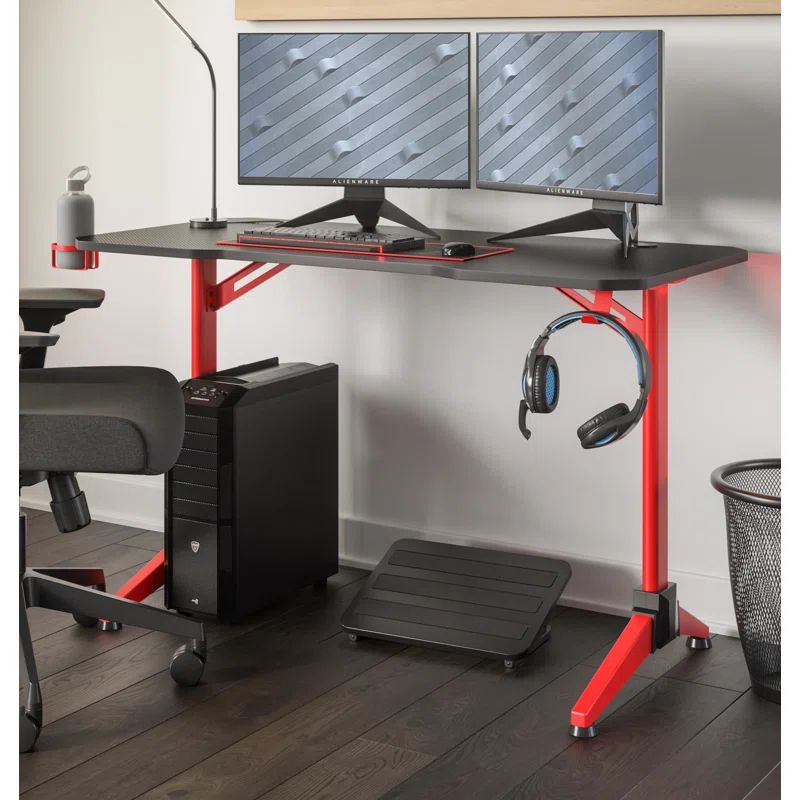 47.2'' T-Shaped Red Metal Gaming Desk with LED Lighting