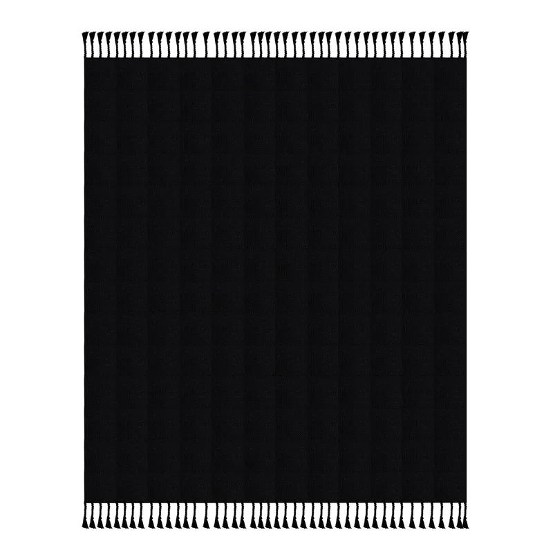 Cozy Cotton Checkered Weave Throw Blanket with Fringe - Black