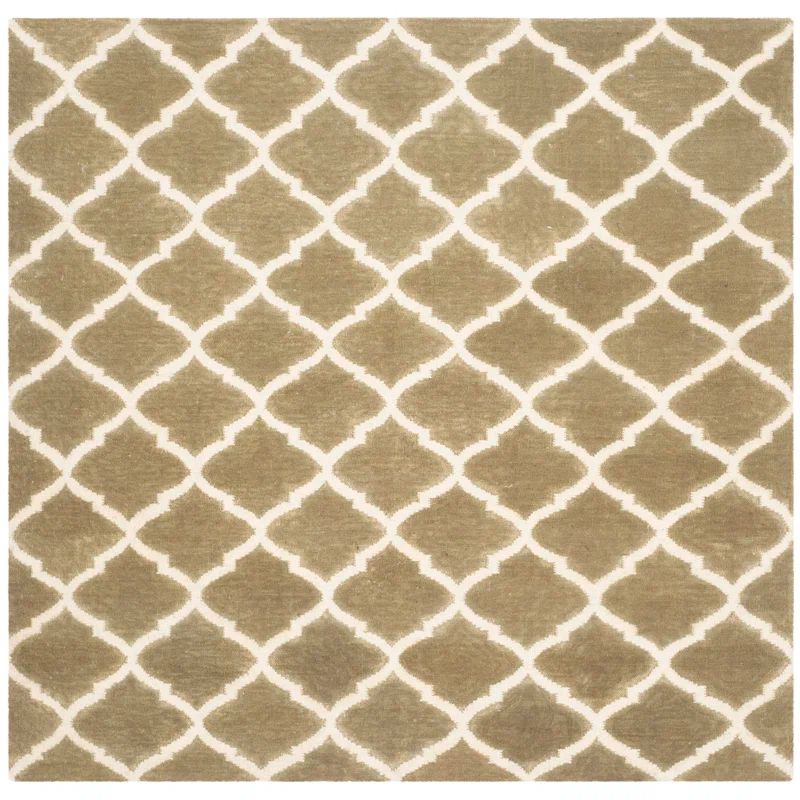 Ivory and Green Handmade Wool Flat Woven Square Rug