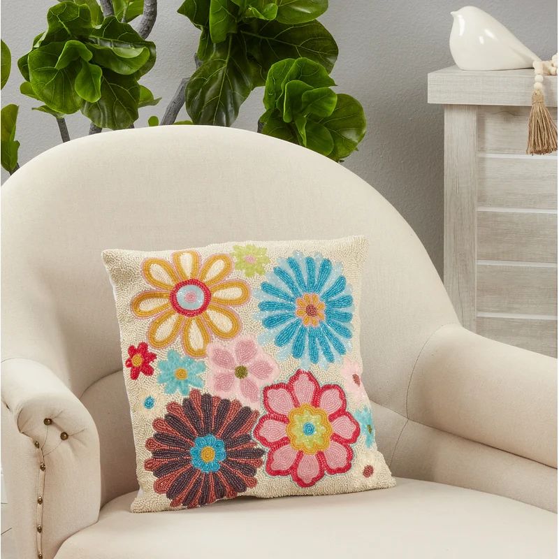 Embroidered Multicolor Cotton Square Throw Pillow, 16"