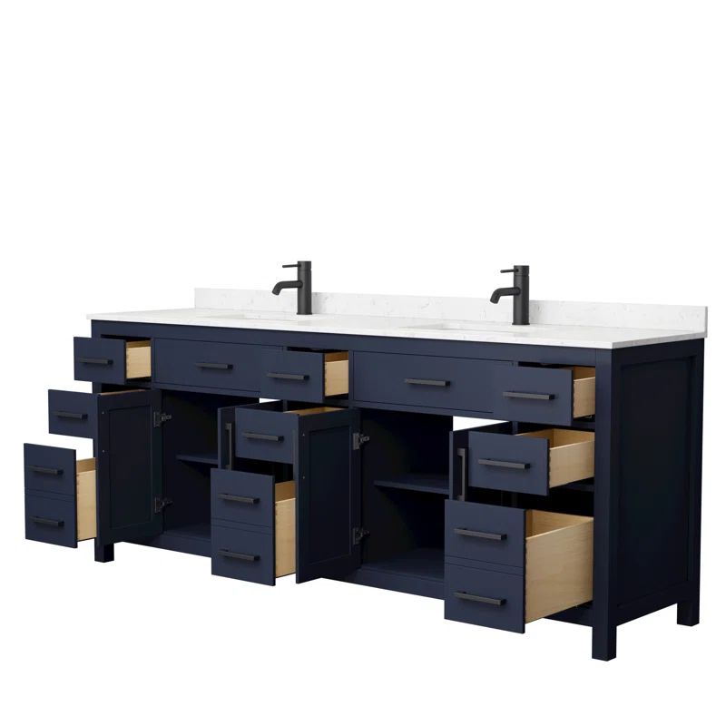 Beckett 84'' Dark Blue Double Bathroom Vanity with Marble Top