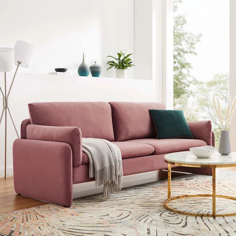 Dusty Rose Velvet Rolled Arm Lounge Sofa with Wood Accents