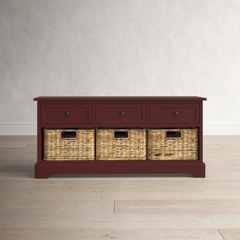 Transitional Red Pine Storage Bench with Wicker Baskets