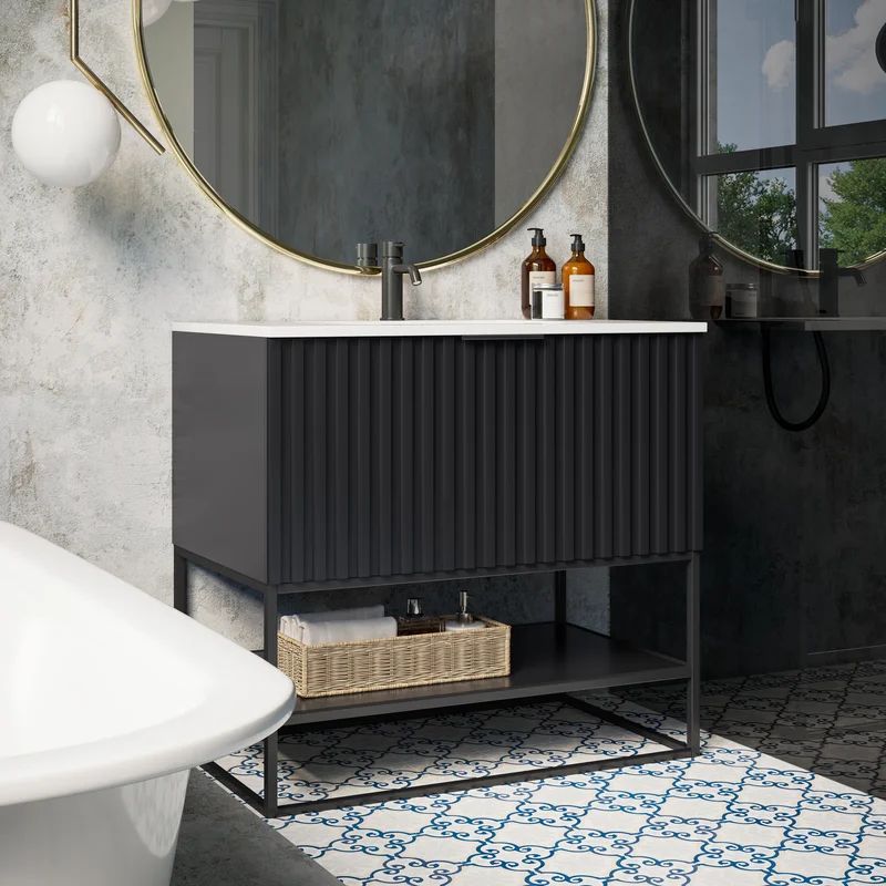 Terra 36'' Matte Black Acacia Single Bathroom Vanity with White Quartz Top