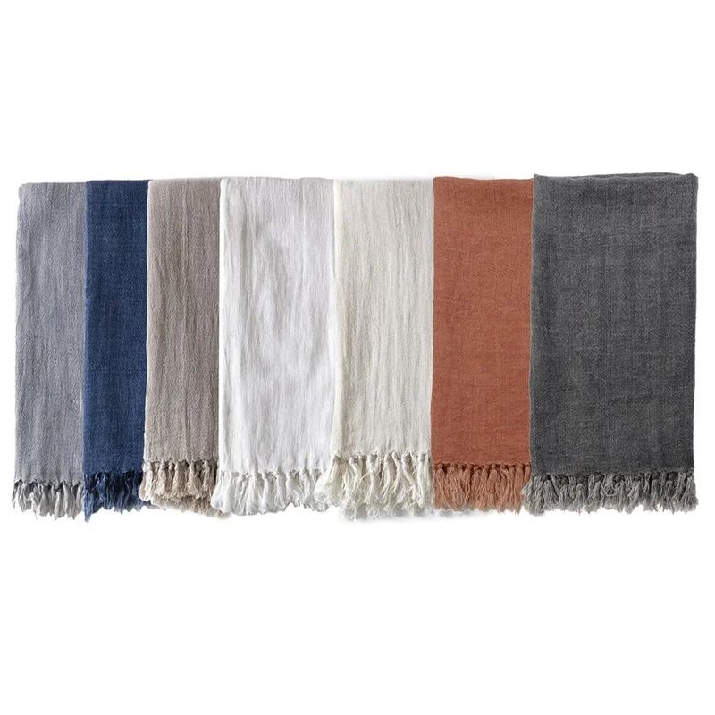Indigo Montauk King-Size Heavy Linen Throw Blanket with Knotted Fray Edges