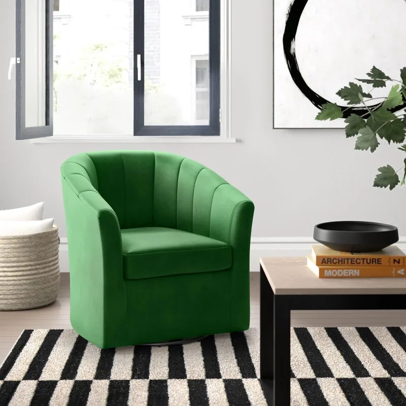 Emerald Velvet Barrel Swivel Accent Chair with Wood Base