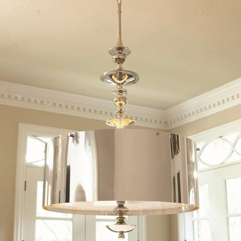 Large Nickel Drum Pendant Chandelier with Six Lights