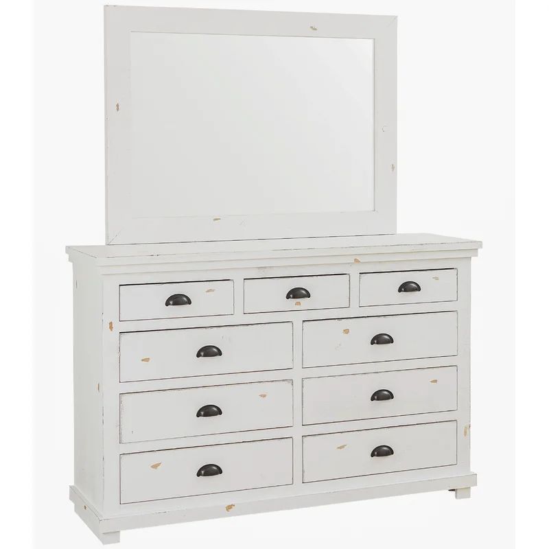 Vintage Farmhouse White Pine 7-Drawer Dresser with Wide Mirror