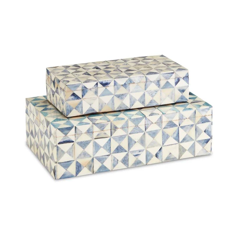 Blue and White Geometric Wood Lidded Box Set